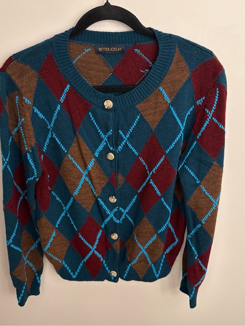 Teal Argyle Button-Up Cardigan